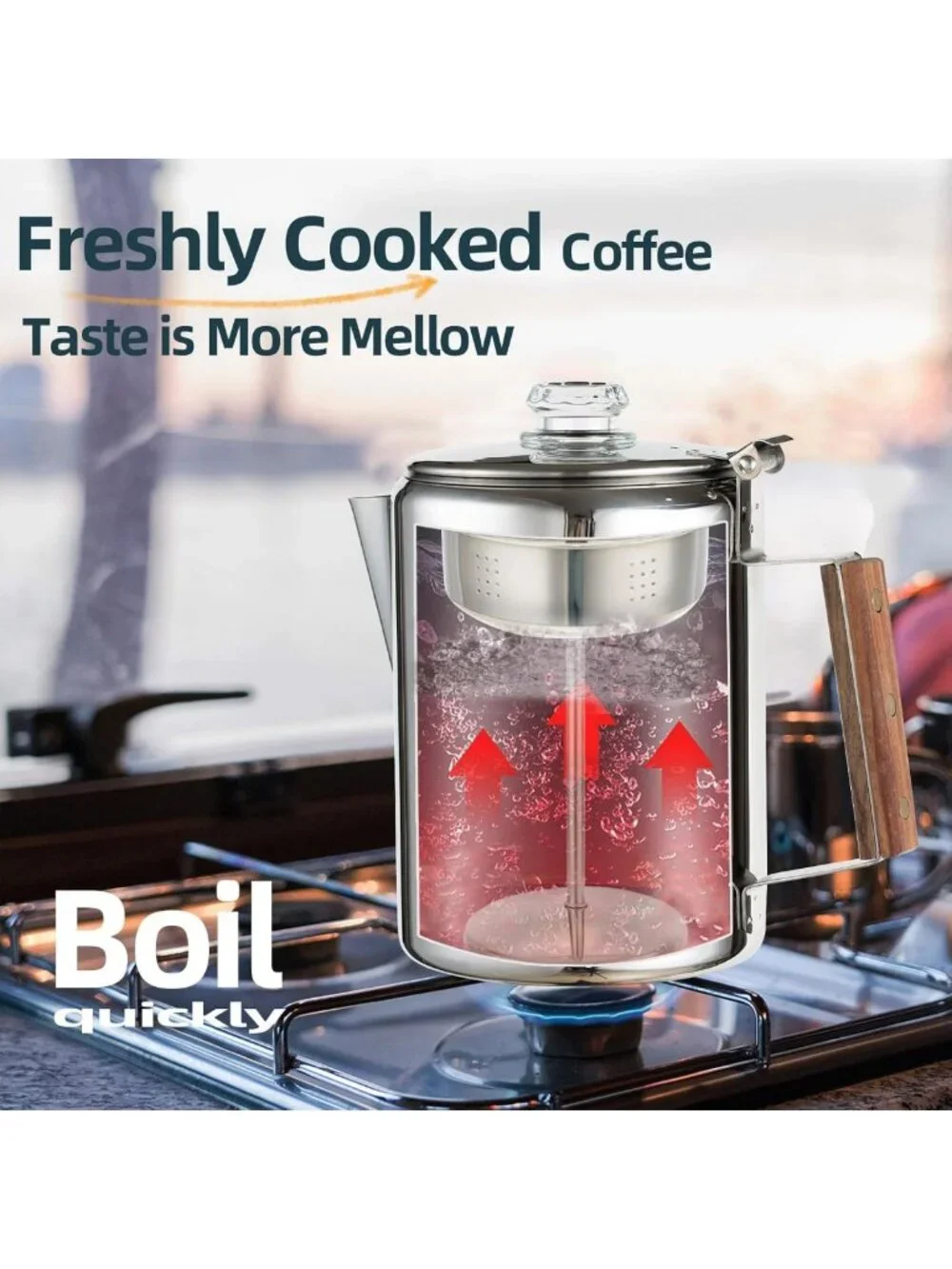 12-Cup Stainless Steel Camping Coffee Percolator - Non-Electric, Fast Brew